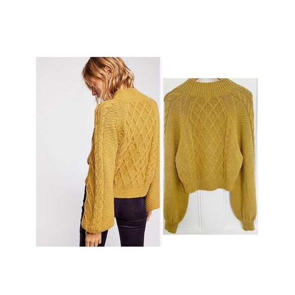 Free People Parfait Pullover Sweater Large Diamond Pattern Dolman Sleeve Gold - Picture 4 of 10